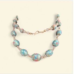 Antique Venetian Murano Wedding Cake Glass Beaded Necklace Blue Pink